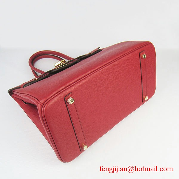 Hermes 35cm Embossed Veins Leather Bag Red 6089 Gold Hardware